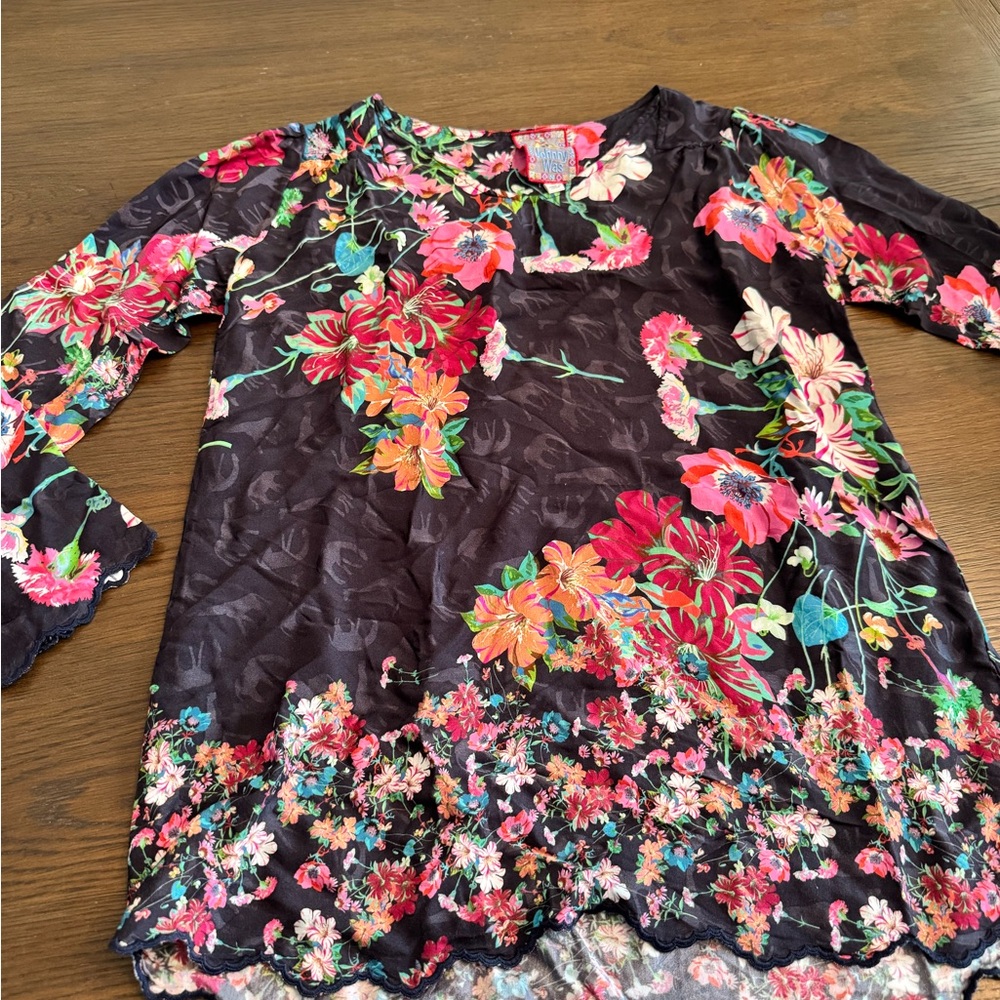 Johnny Was Black Floral Scalloped-Hem Tunic with Multicolor Blooms